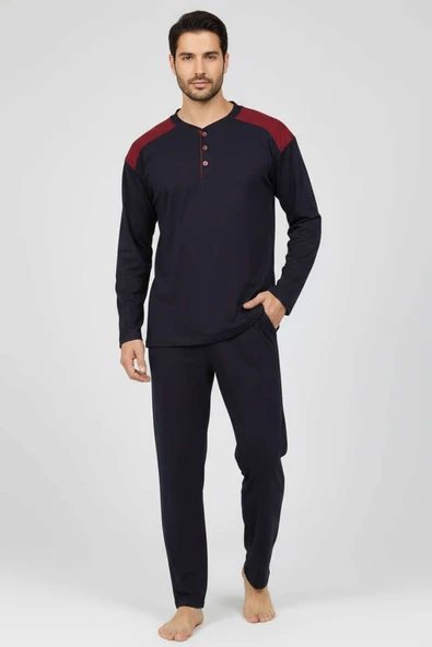 Yaka Düğmeli Büyük Beden İnterlok Erkek Pijama Takım Lacivert Bordo ürün görseli 1