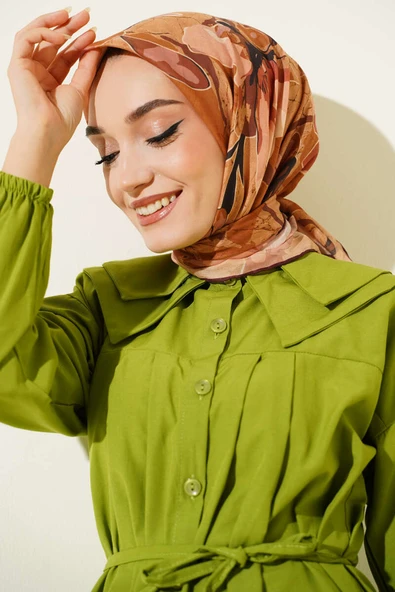 Ebruli Flowers Soft Eşarp Taba - Resim 2