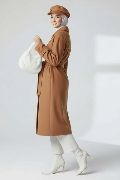 Kuşaklı Düğmeli Kaşe Kaban Taba - Resim 2