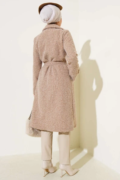 Kruvaze Yaka Kuşaklı Kaşe Kaban Camel - Resim 3