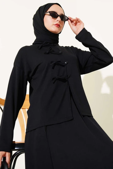 Loyşa Brit Düğmeli Etekli İkili Takım Siyah - Resim 2