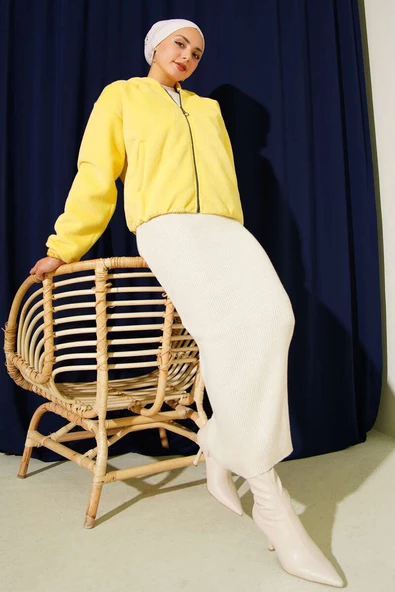 Kapüşonlu Kısa Kaşe Ceket Sarı - 2