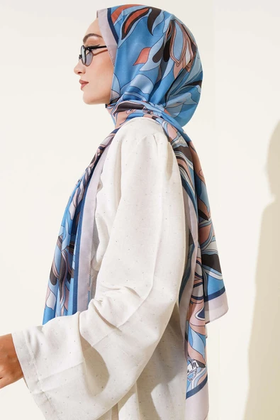 Çiçek Çizgili Soft Şal Mavi - Resim 3