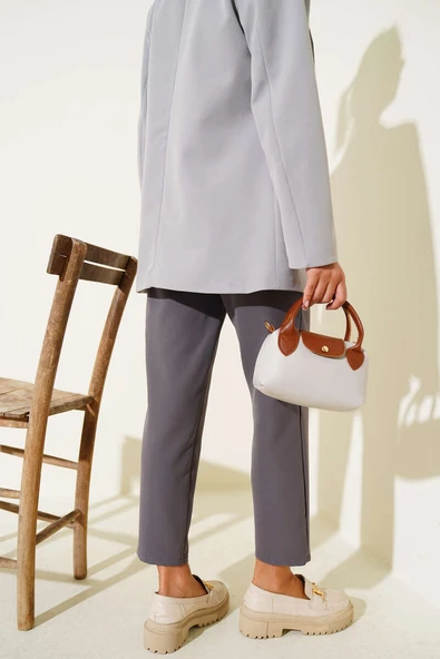 Dar Paça Bel Lastikli Çımalı Pantolon Kayrak Grisi - Resim 3