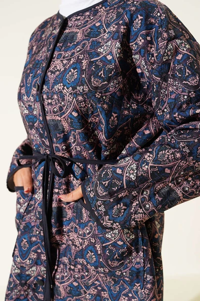 Retro Desen Kapitone Ceket Lacivert - Resim 4