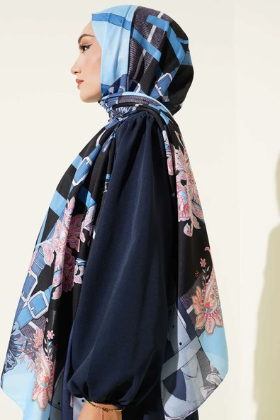 Kemer Desenli Soft Şal Siyah Mavi - Resim 3