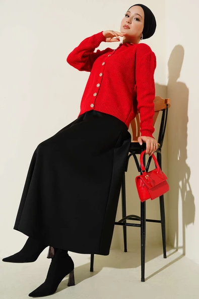 Zikzak Desenli Gold Düğmeli Triko Hırka Kırmızı - Resim 2