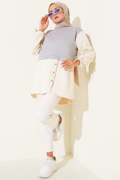 Bilekleri Tünelli Garnili Tunik Gri - Resim 2