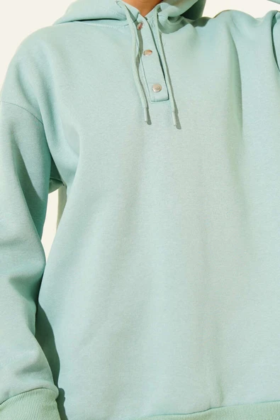 Üç İplik Yarım Çıtçıtlı Sweatshirt Çağla Yeşili - Resim 4