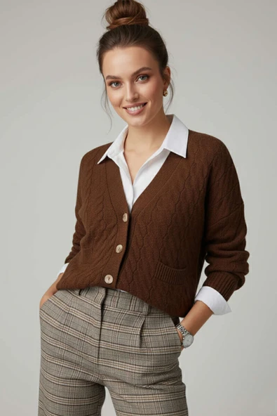 Oversize Cepli Örgü Hırka Kahve