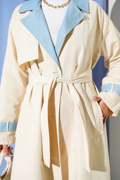 Kot Garnili Apoletli Trençkot Ekru - Resim 4