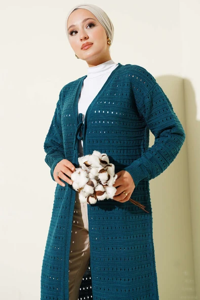 Bağcık Detaylı Uzun Triko Hırka Petrol - Resim 2