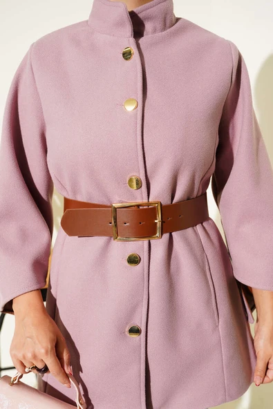 Gold Düğmeli Kaşe Panço Pudra - 4