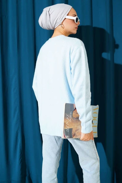 Tül Çiçekli Taşlı Triko Tunik Mavi - Resim 3