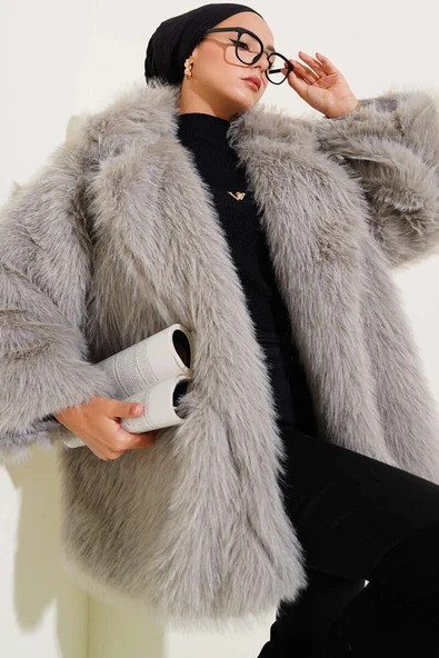 Düğmesiz Astarlı Kürk Gri ürün görseli 1