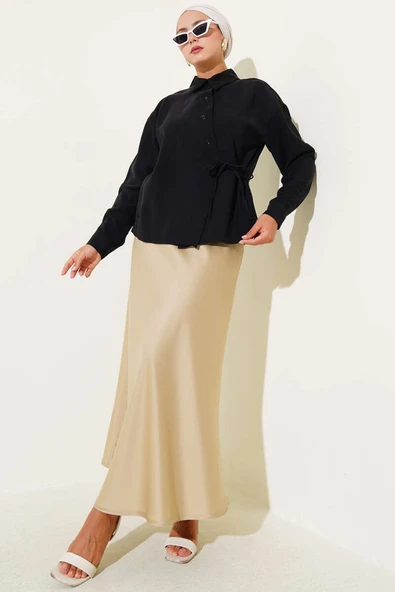 Yandan Bağcıklı Tensel Kısa Gömlek Siyah - Resim 2