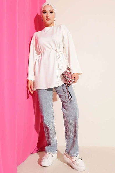 Loyşa Yan Yırtmaçlı Kuşaklı Tunik Ekru - Resim 2