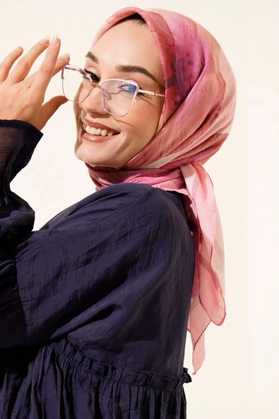 Çiçekli Şeritli Bambu Kraş Eşarp Pembe - Resim 2