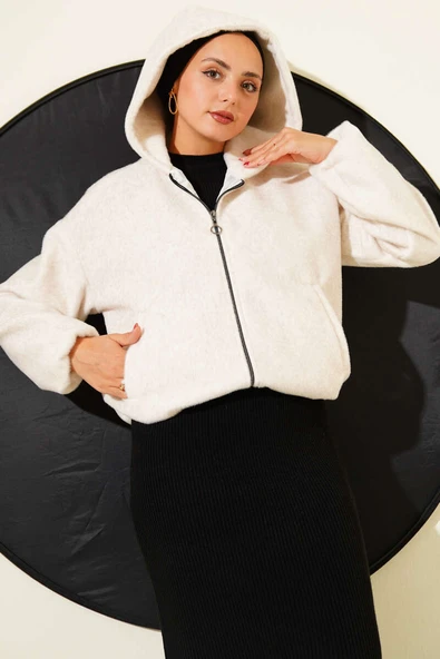 Kapüşonlu Kısa Kaşe Ceket Bej