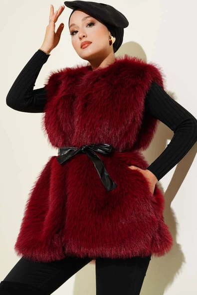 Lolita Peluş Kuşaklı Yelek Bordo ürün görseli