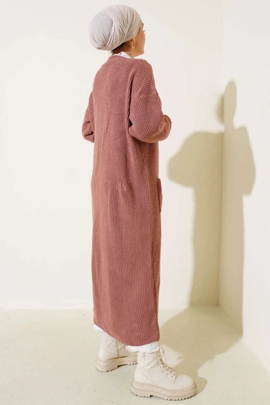 Düğmeli Cepli Uzun Triko Hırka Gül Kurusu - Resim 3