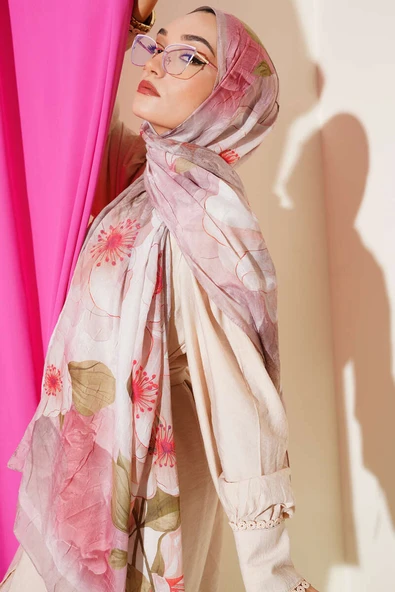 Çiçekli Bambu Kraş Şal Sütlü Kahve ürün görseli 1