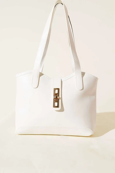 Fermuarlı Kilit Detaylı Kol Çanta Beyaz - Resim 2