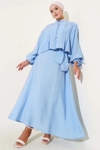 Önü Nevürlü Brit Düğmeli Etekli Takım Mavi ürün görseli 1