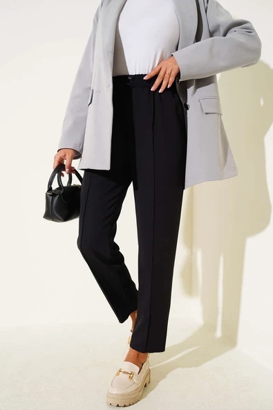 Dar Paça Bel Lastikli Çımalı Pantolon Siyah - Resim 2