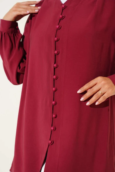 Brit Düğmeli Tensel Gömlek Bordo - Resim 4