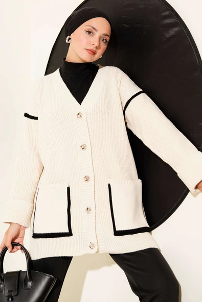 Cepli Gold Düğmeli Triko Hırka Bej - Resim 1