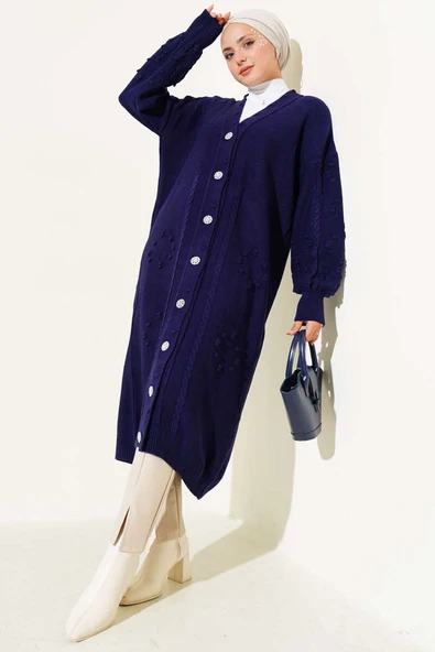 Taşlı Düğmeli Triko Hırka Lacivert ürün görseli