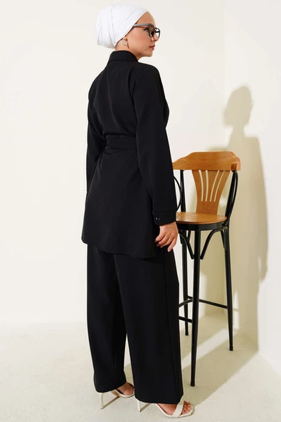 Gizli Düğmeli Kuşaklı Dabıl İkili Takım Siyah - Resim 3