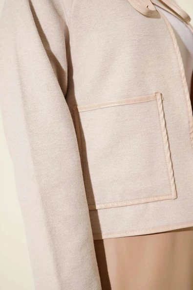 Deri Biyeli Kaşe Kısa Ceket Bej - 4