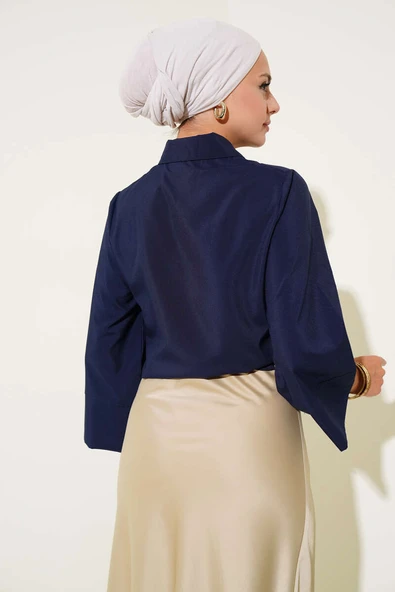 Yandan Bağlama Detaylı Kısa Gömlek Lacivert - Resim 3