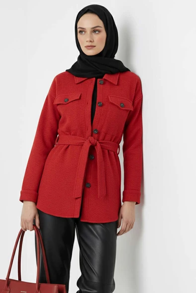 Kuşaklı Düğmeli Kaşe Ceket Kırmızı - 2