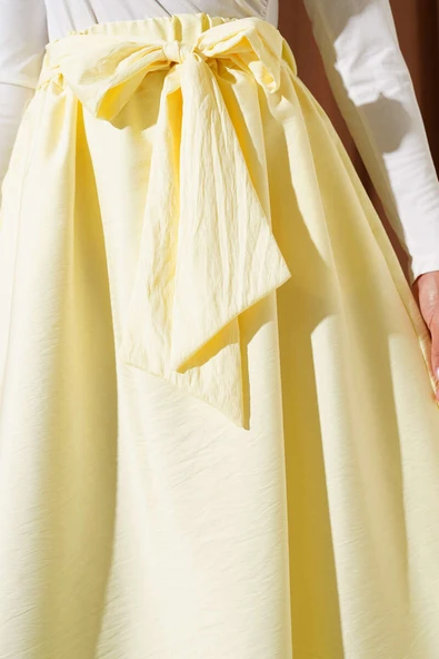 Kendinden Kuşaklı Kloş Etek Sarı - Resim 4