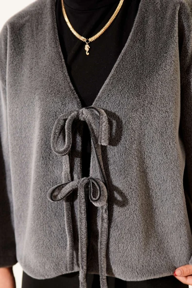 Basic İp Detaylı Sakallı Ceket Gri - Resim 4