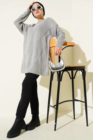 Çizgi Baklava Desen Triko Tunik Gri - Resim 2