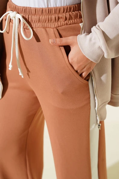 Loyşa Yan Şeritli Bel Lastikli Pantolon Camel - Resim 4