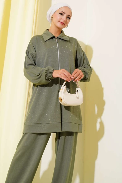 Loyşa Taş Süslemeli Fermuarlı İkili Takım Çağla Yeşili - Resim 2