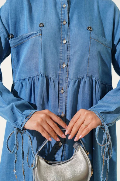 Mini Çiçekli Göğüs Cepli Kot Gömlek Açık Mavi - Resim 4