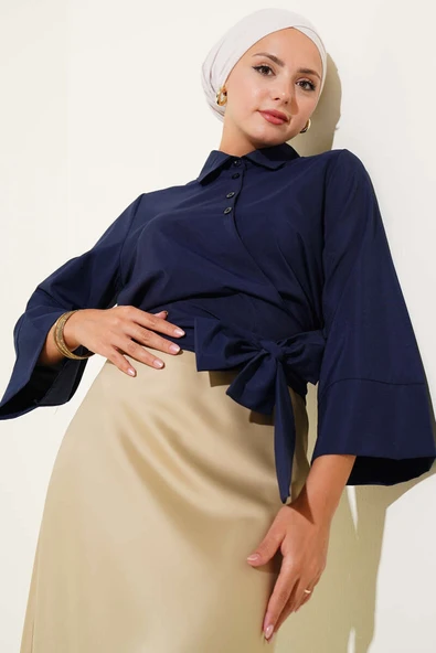 Yandan Bağlama Detaylı Kısa Gömlek Lacivert ürün görseli 1