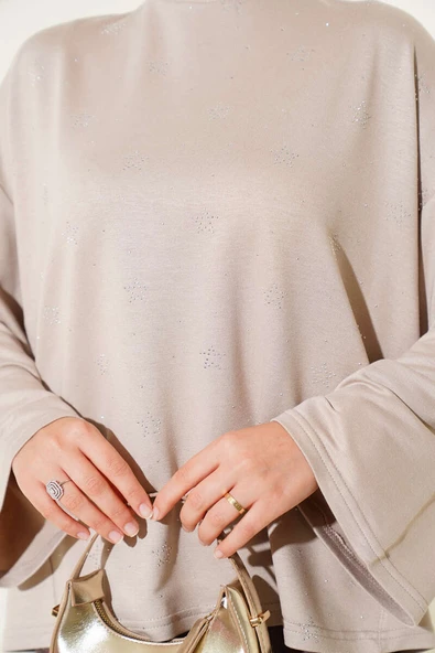 Loyşa Mini Yıldız Taşlı Bluz Bej - Resim 4