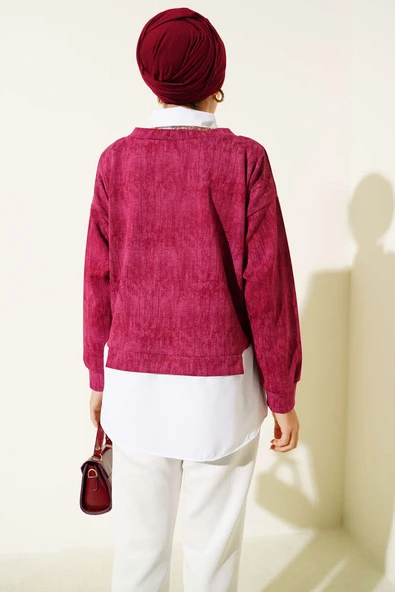 Gömlek Yakalı Granili Tunik Bordo - Resim 3