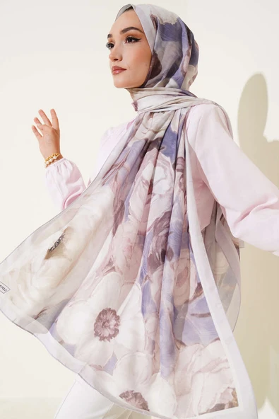 Gül Şerit Geçişli Şal Soft Bej - Resim 2