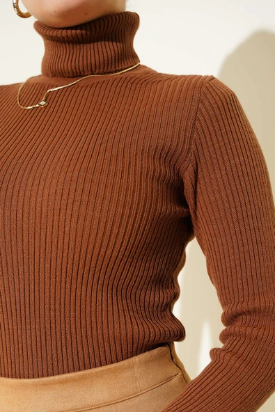 Fitilli Balıkçı Yaka Triko Kazak Taba - Resim 4