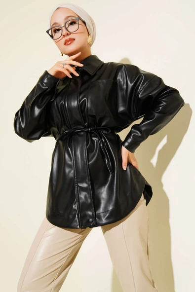 Gömlek Yaka İp Kuşaklı Deri Ceket Siyah - 2