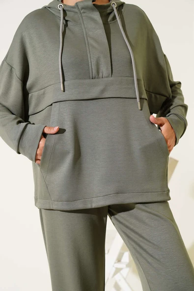 Loyşa Kanguru Cepli Fermuarlı İkili Takım Haki - Resim 4