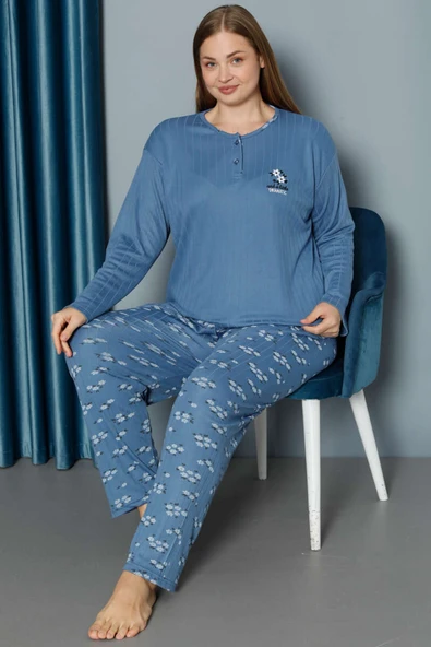 Çiçek Desen Fitilli Büyük Beden Pijama Takımı İndigo - Resim 2